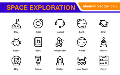 Modern Space Exploration Technology Icons – Outline, Line Art, Vector Illustrations for Rocket Science, Satellites, Astronauts, and Future Missions