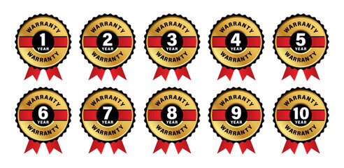 1 to 10 years golden warranty medal logo set with red ribbon. Guarantee seals or labels vector icons set. Golden warranty logo sticker collection for product assurance.