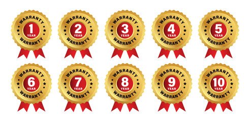 1 to 10 years warranty logo set with red ribbon in golden color. Guarantee seals or labels vector icons set. Golden warranty logo sticker collection for product assurance.