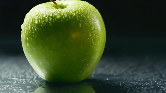 Green Apple Dew: A glistening green apple, adorned with dewdrops, sits on a dark reflective surface.  The contrast creates a visual masterpiece, capturing the freshness and vibrancy of nature. 