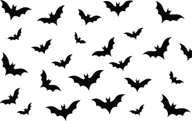 Fototapeta premium Many dark silhouette bats are scattered across a white plain background creating an eerie scene