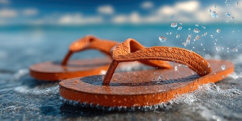 Flip-Flops in the Surf: A pair of orange flip-flops rests gently on the shoreline, embraced by the refreshing touch of the ocean. Capturing the essence of relaxation and beachside enjoyment.