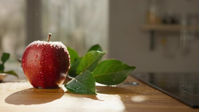 Fresh Red Apple: A vibrant red apple, adorned with glistening water droplets, rests on a wooden surface, next to fresh green leaves, creating a scene of natural purity and refreshment.