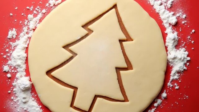 Christmas tree shape cut out in gingerbread dough. Ball of dough dusted with flour on red baking mat, top view
