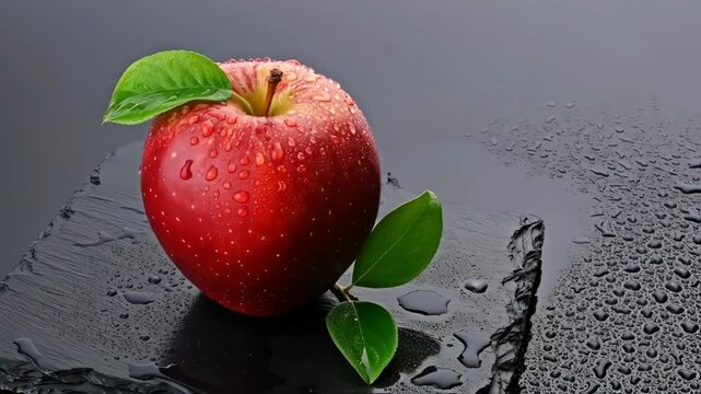 Fresh Orchard Jewel: A radiant red apple, adorned with glistening water droplets, rests gracefully atop a dark, textured surface, with vibrant green leaves adding a touch of freshness.