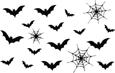 Fototapeta premium Multiple silhouette bats fly beside spiderwebs across a clean white, creating a Halloween theme