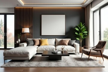 Stylish modern living room with comfortable sofa and patterned rug, showcasing elegant interior design , design, room