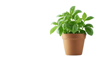 Fototapeta premium Indoor herb gardening basil plant in terracotta pot home decor minimalist style bright light natural growth