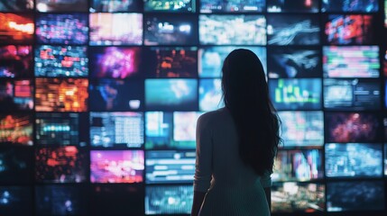 Woman Observing Futuristic Data Streams on Multiple Screens Digital Technology Information Overload Modern Interface Abstract Background Bright       
