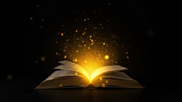 Open book with glowing particles.
