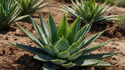 Fototapeta premium Close up of a vibrant green aloe vera plant with sharp leaves surrounded by dry brown soil in sunlight