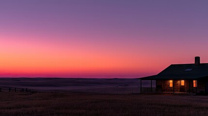 A lone house silhouetted against a colorful and vibrant sunset sky