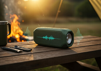Portable bluetooth speaker on a wooden table with a campfire in the background
