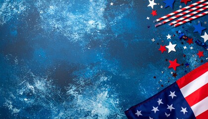 American-themed flat lay composition on a textured blue background with a sparkly, glittery effect, 4th of july background