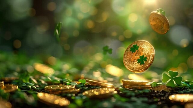 Shiny gold coins with clovers for St. Patrick's Day