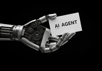 Robotic hand holding ai agent card on black background for artificial intelligence concepts
