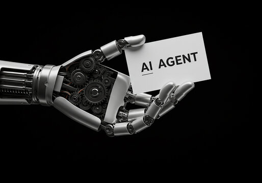 Robotic hand holding ai agent card on black background for artificial intelligence concepts