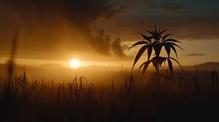 Obraz premium A silhouetted plant growing in a field at golden sunset