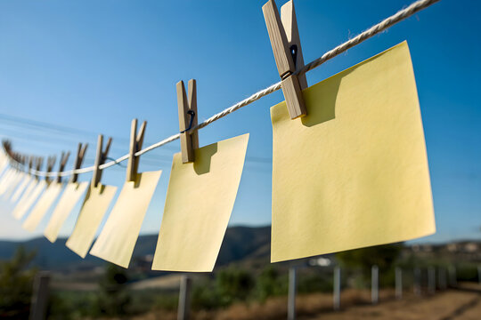 Yellow sticky notes hanging on clothesline with wooden clothespins against clear blue sky, organization and reminder system, outdoor office concept, productivity and planning methodology