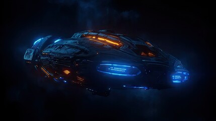 A futuristic spacecraft is floating through the deep space environment