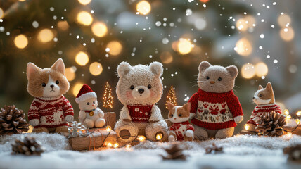 Winter Wonderland: A group of cuddly stuffed animal characters with charming, festive outfits gather amidst twinkling lights and soft snowfall, evoking a warm and inviting seasonal atmosphere.