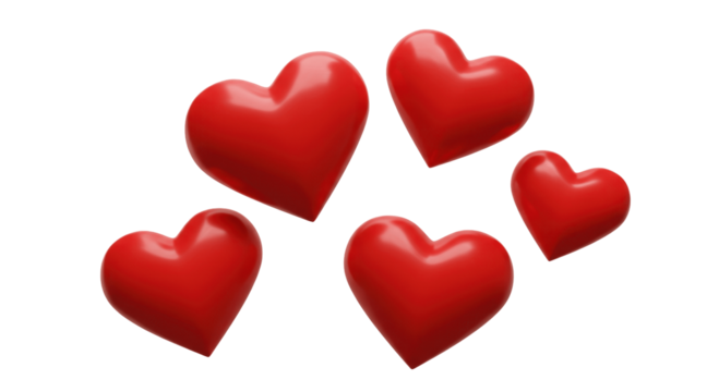 Collection of Five Shiny Red Hearts Isolated on Transparent PNG Background

