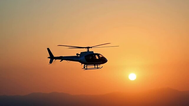 8K extreme slow motion flying helicopter and sunset sky