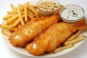 Classic Fish and Chips Served with Crispy Fries and Variety of Dipping Sauces