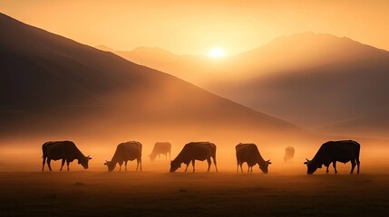 Cows grazing peacefully in a misty field during the sunrise