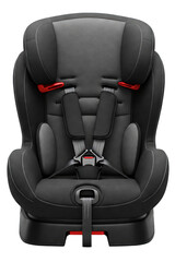 Obraz premium Black and gray child car seat with safety harness isolated on a transparent background