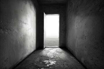 open door with sunlight streaming into a dimly old room with eerie