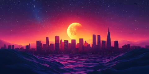 Fototapeta premium Vibrant cityscape silhouette under a crimson moon.