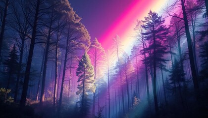Surreal forest landscape with colorful light ray, dreamy woodland