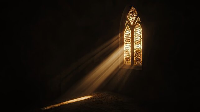 Sunlight streaming through a stained glass window illuminates the darkness