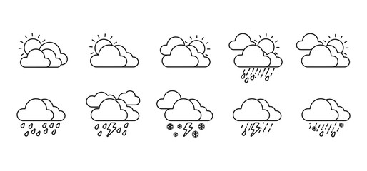 Weather icons. Collection of weather forecast icons in modern style. Cloud logos. Weather, clouds, sunny day, moon, snowflakes, wind, lightning, sunny day. Vector illustration.