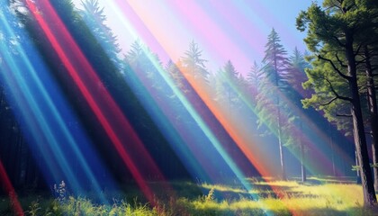 Mystic forest with radiant color streams, ethereal nature wallpaper.