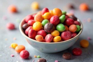Assortment of colorful candy chocolates in a bowl , candy, delicious