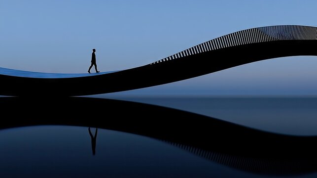 Silhouette of a person walking along a curved bridge structure