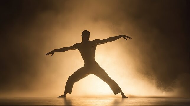 A silhouetted dancer posed dramatically on a stage bathed in light