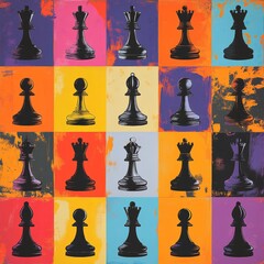 Abstract Grid of Chess Pieces: A Modern Art Display of Strategic Warfare with Pop Art Influences on Multicolored Textured Backgrounds.