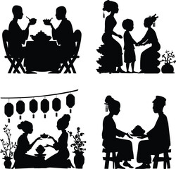Black and White Vector Illustration Featuring Four Distinct Human Interaction Scenes: Two People Sitting at a Table Sharing a Meal, An Adult Holding a Child’s Hands, A Traditional Tea Ceremony Under 