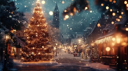 Enchanting winter wonderland scene of a historic town decorated for Christmas
