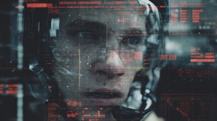 Close-up view of a person wearing a futuristic helmet.