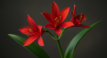 Vibrant red blood lilies blooming with green leaves on a dark grey background