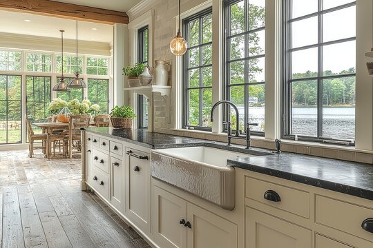 Classic kitchen with white cabinets, black granite countertops, farmhouse sink, and large windows offering stunning views of Lakeport Lake in Upson, New Hampshire.