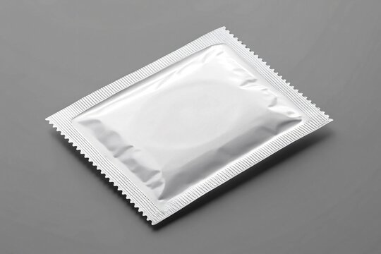 Silver condom wrapper on a gray background in a studio shot