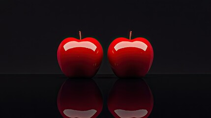 Obraz premium Two shiny red apples sit against a dark reflective backdrop