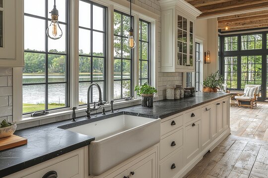 Classic kitchen with white cabinets, black granite countertops, farmhouse sink, and large windows offering stunning views of Lakeport Lake in Upson, New Hampshire.