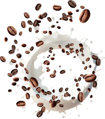 Milk coffee splash in the middle isolated on background, Vector realistic in 3d illustration. Coffee beans. Realistic 3d seeds