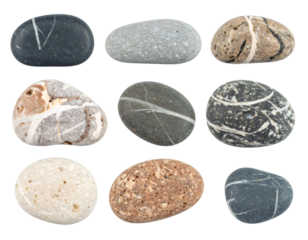 Set of nine beach pebbles isolated on transparent background